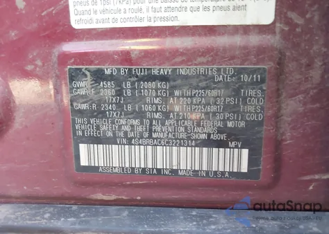 2012 Subaru Outback 2.5I z USA, uszkodzony, nr VIN 4S4BRBAC6C3221314